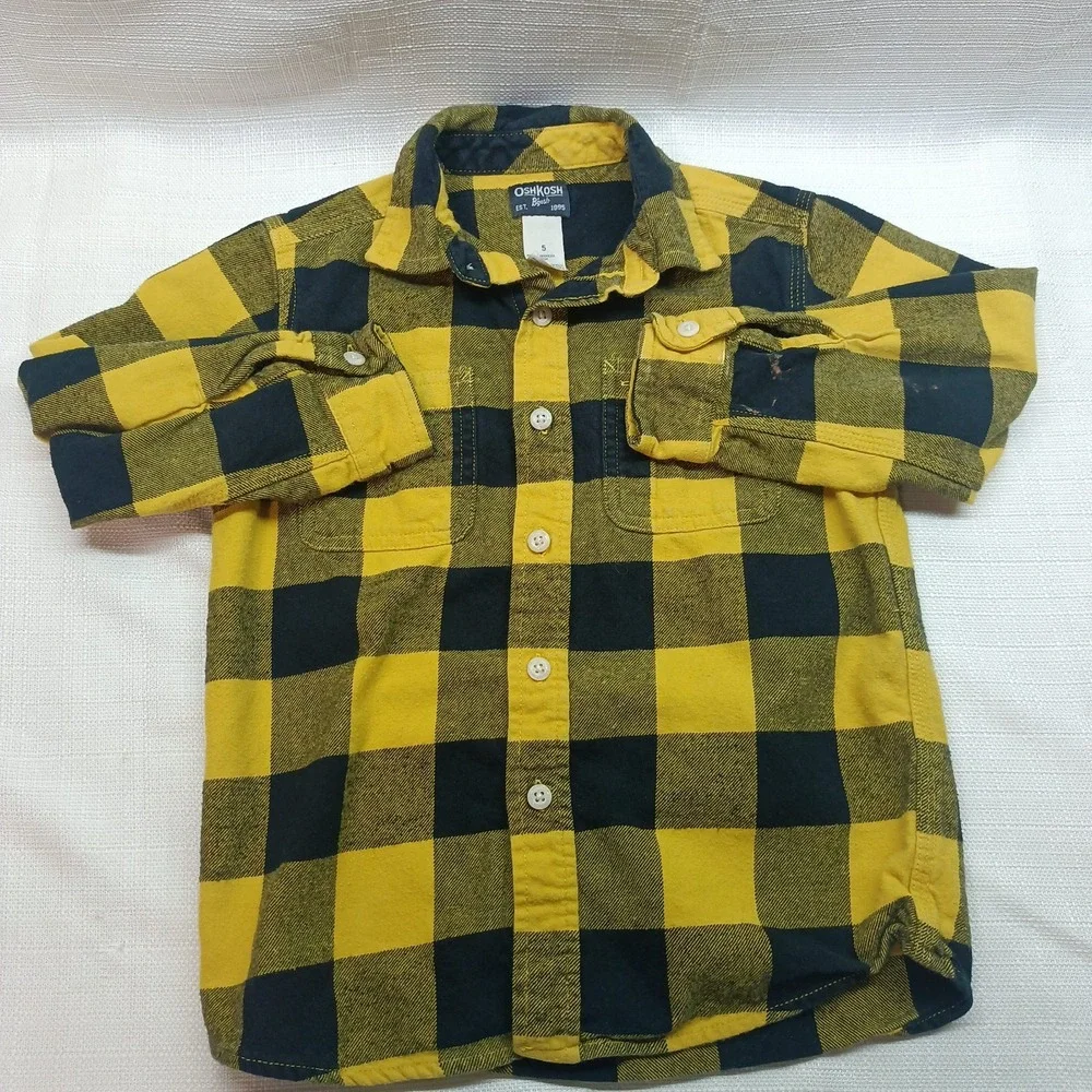 Vtg Oshkosh Boys Yellow Black Plaid Flannel‎ Shirt Size 5 90's Y2K Flaw